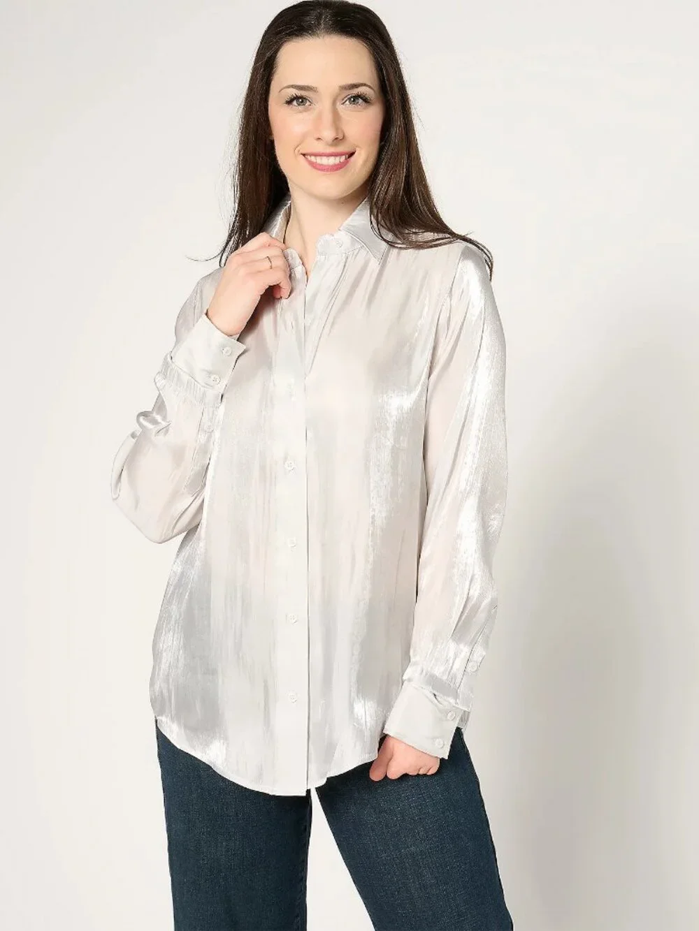by Stacy London Metallic Foundation Button Front Shirt, Silver Sz 1X a671322 - Picture 1 of 3